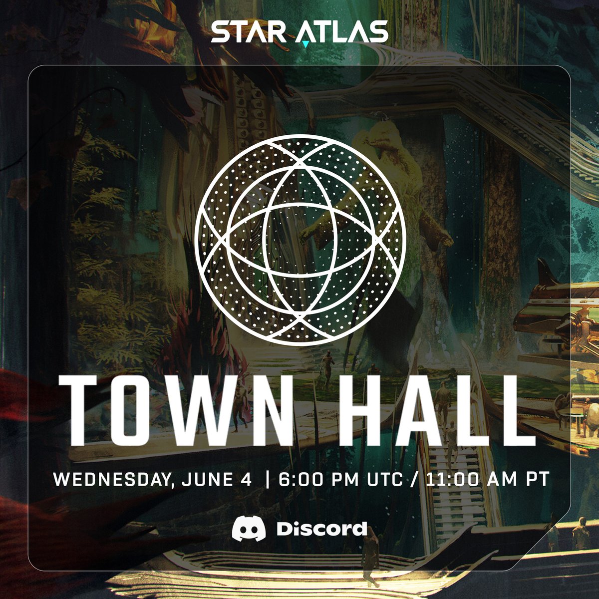 TOWN HALL HAPPENING JUNE 4 at 11AM PT! 🚨

Grab your crew and get ready for a look at the transformational updates coming this year:
🔹 Star Atlas 
🔹 SAGE Labs: C4 Update
🔹 Holosim: Our free-to-play version of SAGE Labs

🔗 Hosted in our Discord: Discord.gg/Staratlas