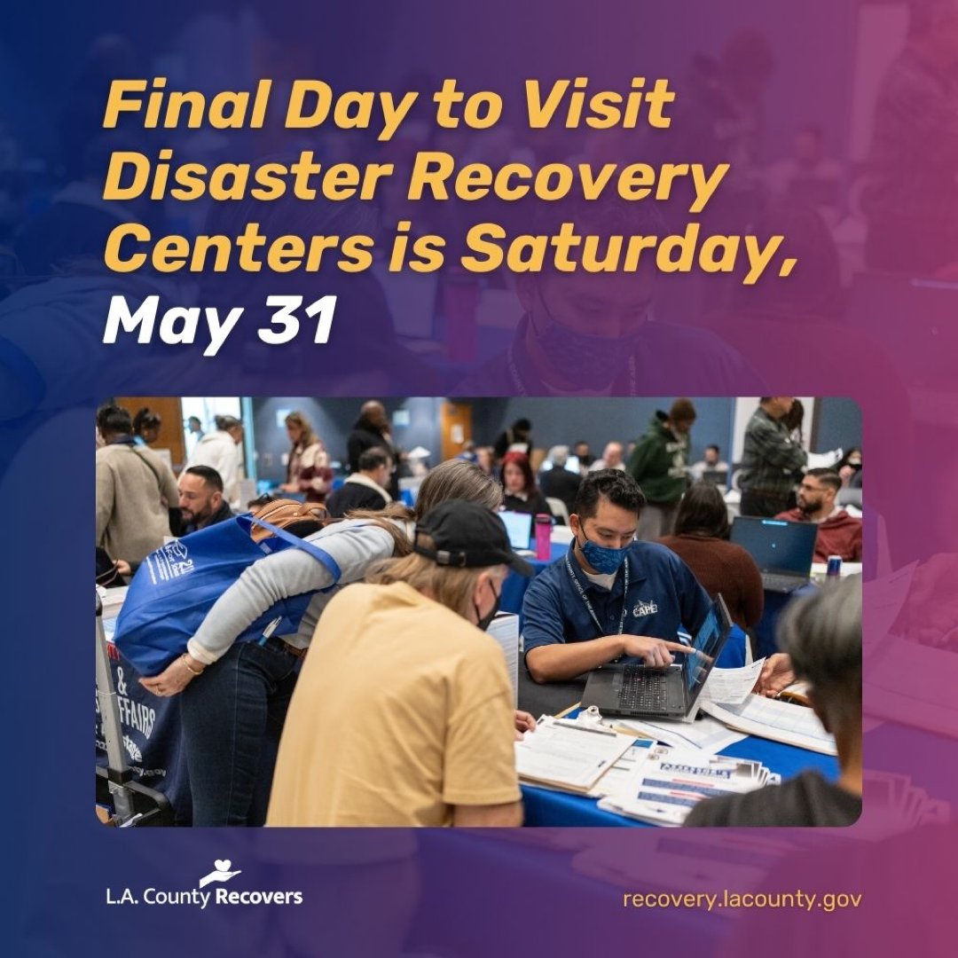 LA County Disaster Recovery Centers will be closing on Saturday, May 31. Those impacted by the Eaton and Palisades fires can continue to receive essential services beginning Monday, June 2 at the One-Stop Rebuilding Center: 1828 Sawtelle Blvd, Los Angeles, CA 90025 and Altadena