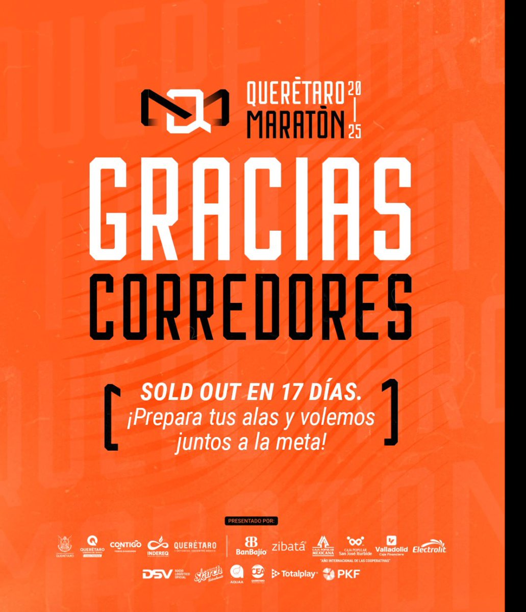 ¡Gracias, corredores! 🏃🏻

Todas las distancias del #Querétaro #Maratón han sido agotadas ¡en sólo 17 días! 👟🪽

Prepárense para volar ¡y nos vemos en la meta!