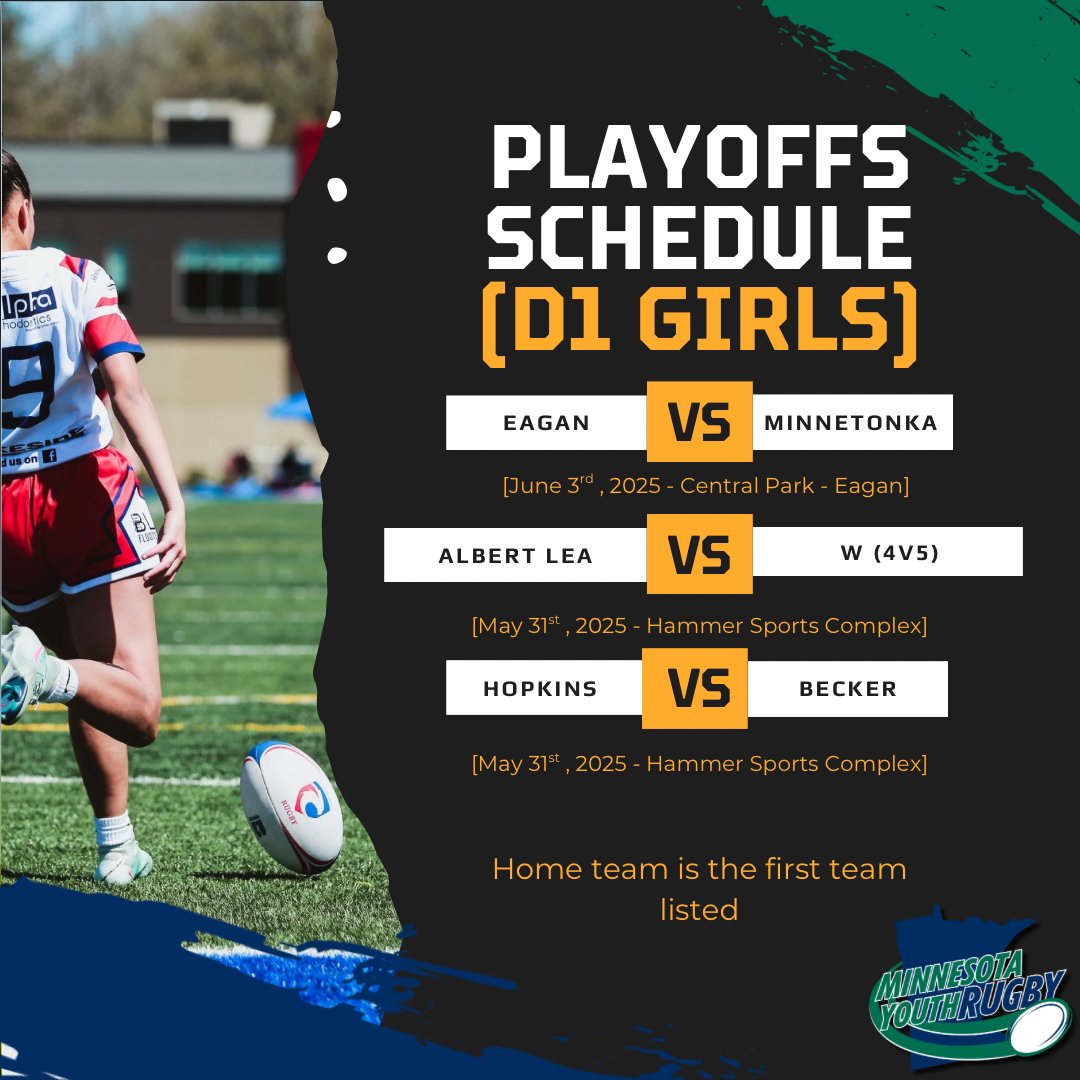 🏆 PLAYOFFS ARE HERE!
It’s win-or-go-home time for Minnesota Youth Rugby! 💥
The brackets are set, the schedule is live, and our teams are ready to battle for a shot at the State Championship. 🏉🔥
#MYRugby #PlayoffRugby #RoadToState #RugbySeasonFinale #BringTheIntensity