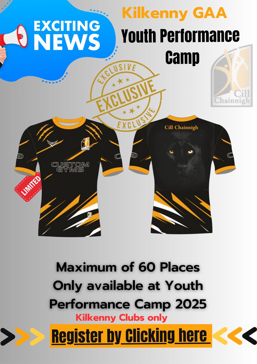 Kilkenny GAA Coaching & Games (@kilkennycandg) on Twitter photo 🔥 <a href="/KilkennyCLG/">Kilkenny GAA</a>  Youth Performance Camp 🔥
📅 June 17th, 18th & 19th
🎽 All participants receive a limited-edition Cill Chainnigh jersey
⚠️ Only 60 places available – don’t miss out!
Register through the link below the post
€90 per person 🔥 <a href="/KilkennyCLG/">Kilkenny GAA</a>  Youth Performance Camp 🔥
📅 June 17th, 18th & 19th
🎽 All participants receive a limited-edition Cill Chainnigh jersey
⚠️ Only 60 places available – don’t miss out!
Register through the link below the post
€90 per person