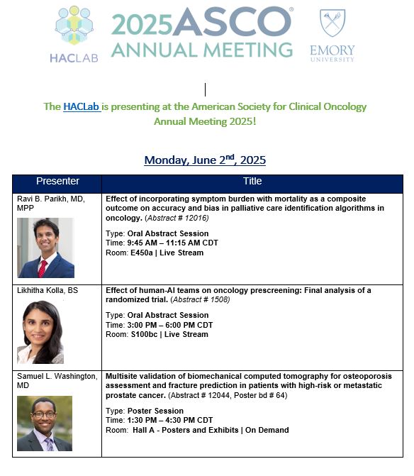Ravi B. Parikh (@ravi_b_parikh) on Twitter photo The <a href="/HAClab_/">Human Algorithm Collaboration Lab</a> is back at <a href="/ASCO/">ASCO</a> #ASCO2025! Check out our research oral and poster sessions and education sessions, Friday through Monday, and the #AI Community of Practice Meeting on Sunday, June 1st, from 4-6 PM CST! #AI #NGS #digitalhealth #ClinicalTrials #gerionc #lcsm #pcsm The <a href="/HAClab_/">Human Algorithm Collaboration Lab</a> is back at <a href="/ASCO/">ASCO</a> #ASCO2025! Check out our research oral and poster sessions and education sessions, Friday through Monday, and the #AI Community of Practice Meeting on Sunday, June 1st, from 4-6 PM CST! #AI #NGS #digitalhealth #ClinicalTrials #gerionc #lcsm #pcsm