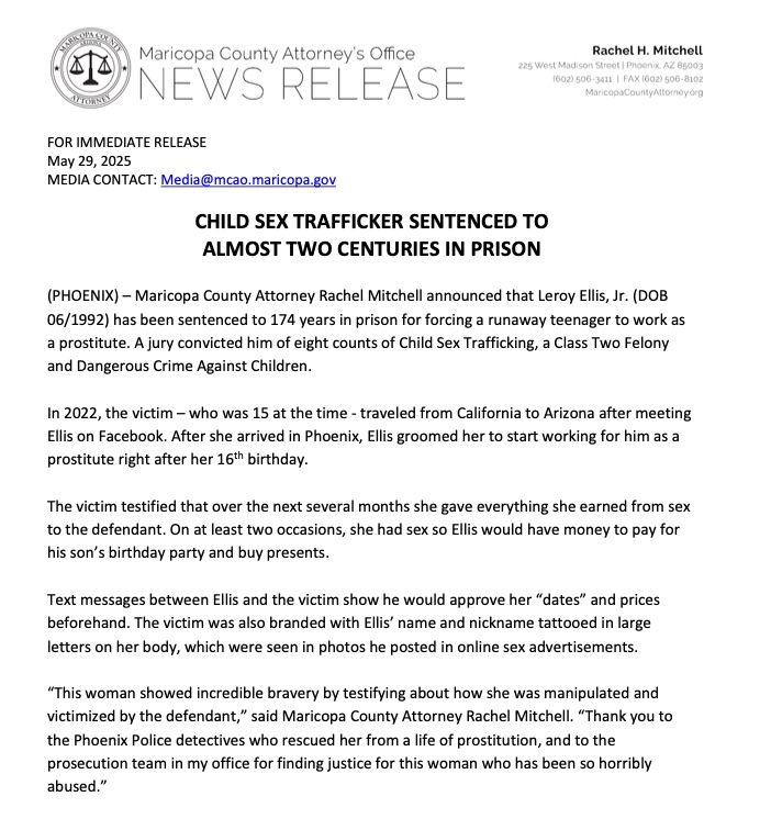 174 years in prison for child sex trafficking.  Great job by the team at <a href="/PhoenixPolice/">Phoenix Police</a> and <a href="/marcoattorney/">Maricopa County Attorney's Office</a>!