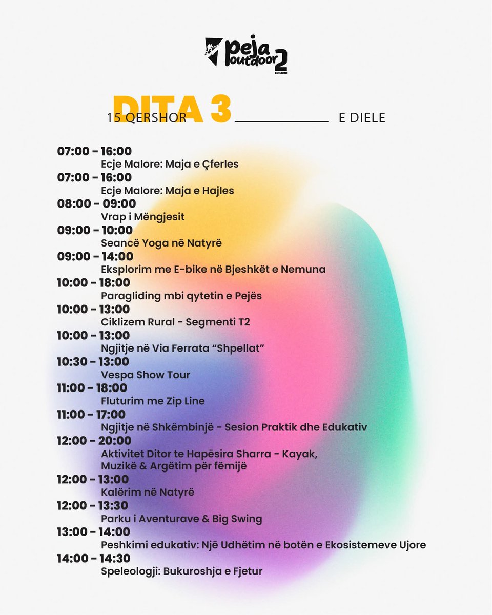 📅 Agjenda Zyrtare – Peja Outdoor Festival 2025 😍

🍀Regjistrimet janë zyrtarisht të hapura! 🍀Të gjitha aktivitetet janë FALAS, por në disa prej tyre vendet janë të kufizuara.

🍀Për regjistrime visitoni faqen në Facebook dhe Instagram 🌞

#visitpeja #pejatourism #pejaoutdoors