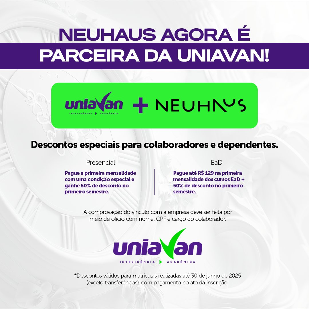 uniavan's tweet photo. Agora é oficial: a Neuhaus é parceira da Uniavan! 🎉

Colaboradores e dependentes têm descontos exclusivos:

🎓 EaD: R$129 na 1ª mensalidade + 50% off no 1º semestre
🏫 Presencial: condição especial + 50% off no 1º semestre
📅 Válido até 30/06/25
🔗 https://t.co/Etpy8UAjdA https://t.co/zh7CCA3HAO