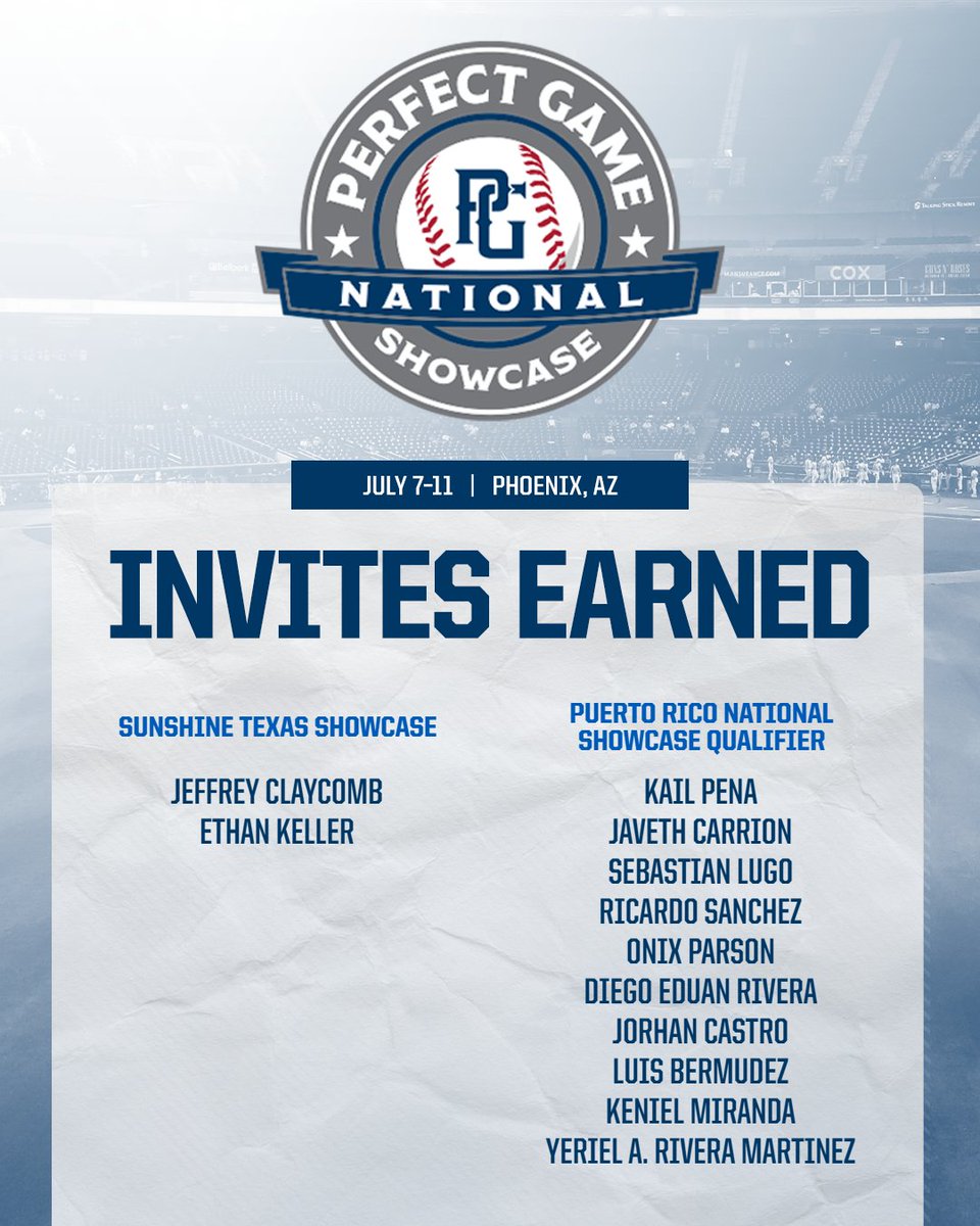 PG Showcases (@pgshowcases) on Twitter photo ๐จNATIONAL INVITES EARNED๐จ
More tickets have been punched to the National Showcase this July at Chase Field in Phoenix, AZ!!
Congrats to the following players who earned their invites at the Sunshine Texas Showcase and PR Qualifier!
<a href="/PG_Scouting/">Perfect Game Scout</a> <a href="/PerfectGameUSA/">Perfect Game USA</a> ๐จNATIONAL INVITES EARNED๐จ
More tickets have been punched to the National Showcase this July at Chase Field in Phoenix, AZ!!
Congrats to the following players who earned their invites at the Sunshine Texas Showcase and PR Qualifier!
<a href="/PG_Scouting/">Perfect Game Scout</a> <a href="/PerfectGameUSA/">Perfect Game USA</a>