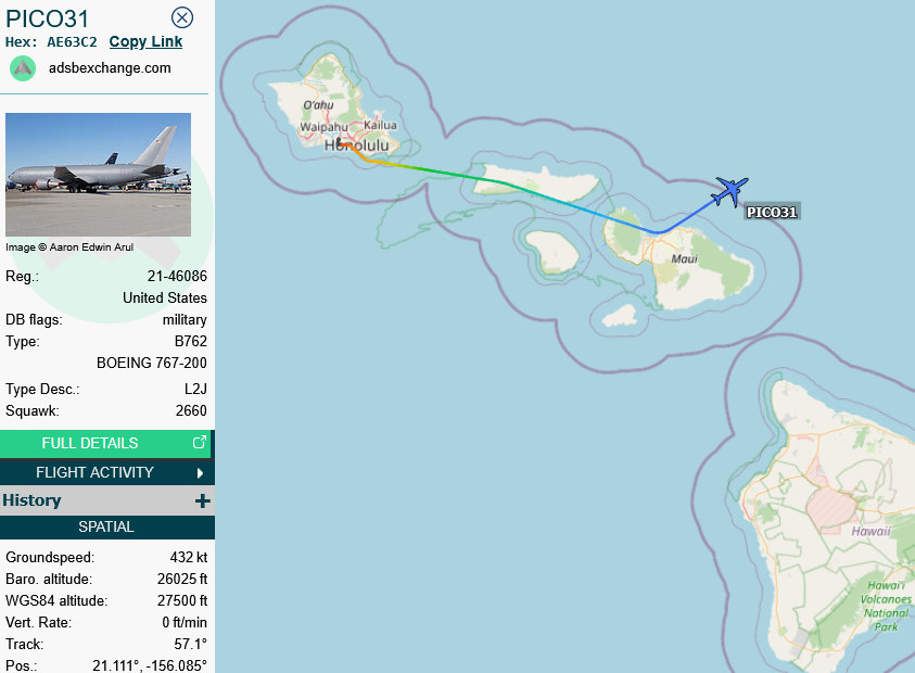 SirListenalot's tweet photo. 1214z #KC46 #AE63C2 #PICO31 on a round trip out of Honolulu for AR with #B52 #LOFT21 https://t.co/iA4s0fqKxO