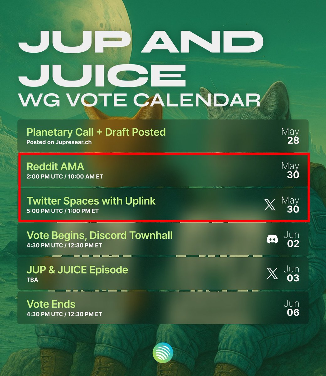 We got a big day tomorrow! 

Make sure you share this to the moon and back. 

Twitter Spaces: x.com/jup_uplink/sta…

Proposal: jupresear.ch/t/jup-and-juic…