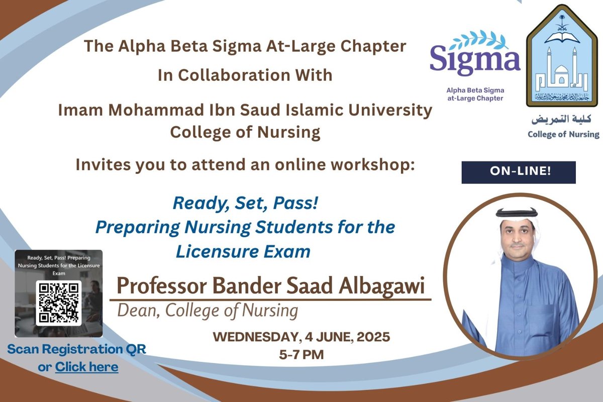 CoN_IMSIU's tweet image. #تدريب | تدعوكم كلية #التمريض للتسجيل في الدورة التدريبية( عن بعد ) للتحضير لاختبار الرخصة المهنية تخصص التمريض وذلك بالشراكة مع 
The Alpha beta Sigma At-Large Chapter 

للتفاصيل ورابط التسجيل من خلال زيارة هذا الرابط:
forms.office.com/pages/response…