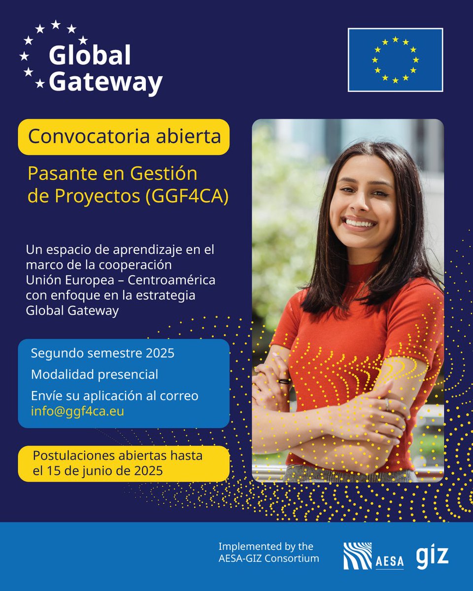 📢 ¡Atención recién egresad@s! La #GlobalGateway Facility for Central America (GGF4CA) abre convocatoria para una pasantía en 🇨🇷
🎯 Apoyo en gestión y monitoreo de proyectos
📍 Modalidad: Presencial | Costa Rica
🗓️ Duración: 6 meses
📚 Carreras: RI, Políticas, Economía,
