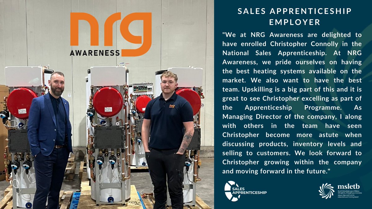 Cork College of FET - Bishopstown Campus 🇮🇪 🇪🇺 (@fetbishopstown) on Twitter photo Check out this testimonial from Mark Dineen of NRG Awareness for the #Salesapprenticeship ⭐️
This innovative programme is a fantastic way to #upskill and #reskill new and existing sales professionals 👨🎓
<a href="/CorkETB/">CorkETB🇮🇪🇪🇺</a> <a href="/apprenticesIrl/">Apprenticeship Irl</a> <a href="/SOLASFET/">SOLAS</a>
#GenerationApprenticeship Check out this testimonial from Mark Dineen of NRG Awareness for the #Salesapprenticeship ⭐️
This innovative programme is a fantastic way to #upskill and #reskill new and existing sales professionals 👨🎓
<a href="/CorkETB/">CorkETB🇮🇪🇪🇺</a> <a href="/apprenticesIrl/">Apprenticeship Irl</a> <a href="/SOLASFET/">SOLAS</a>
#GenerationApprenticeship