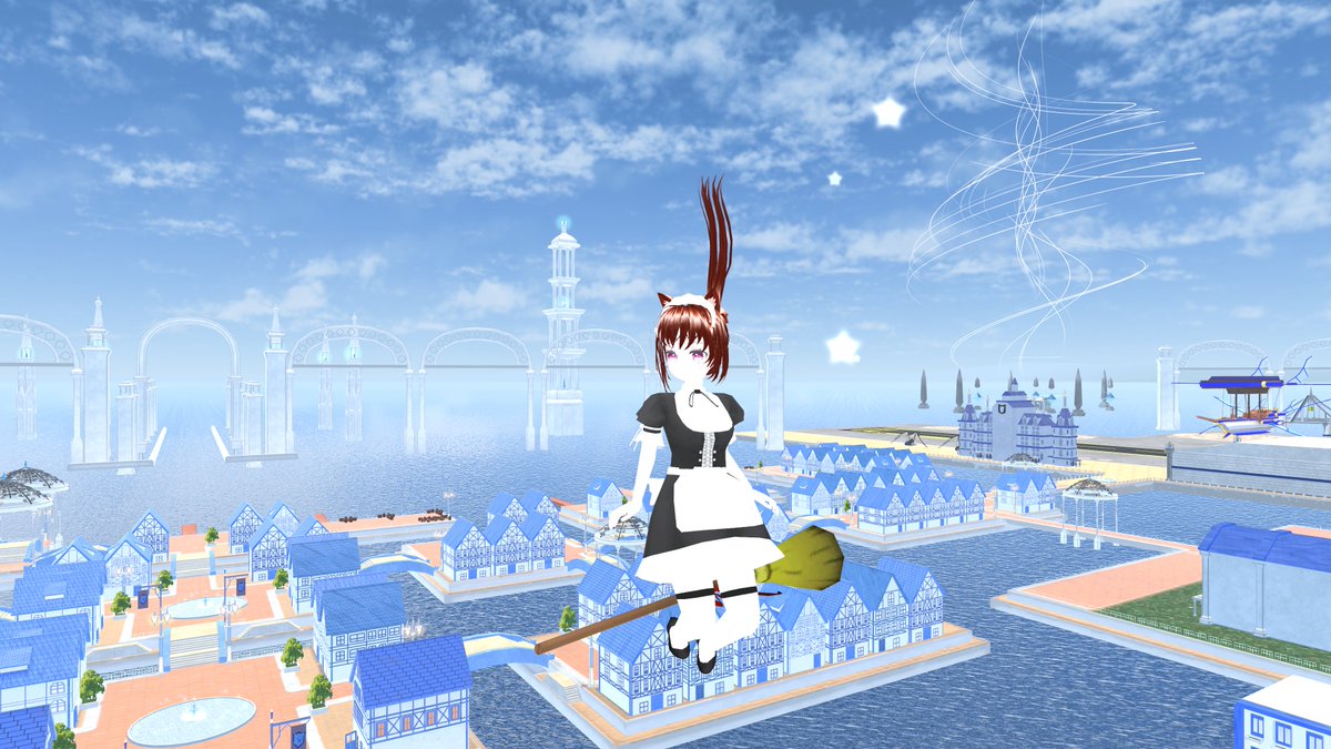 おはようございます！VRChat内でホウキテストしてました。飛んでますがワールドの仕様上飛べるところなので問題ないですｗ後ろから☆パーティクルを流してます。ここVRで入ると空が飛べて超気持ちいいのでおススメです(Fantasy Airportというワールドです、Quest単機でもOKですよ！) #Blender #VRChat