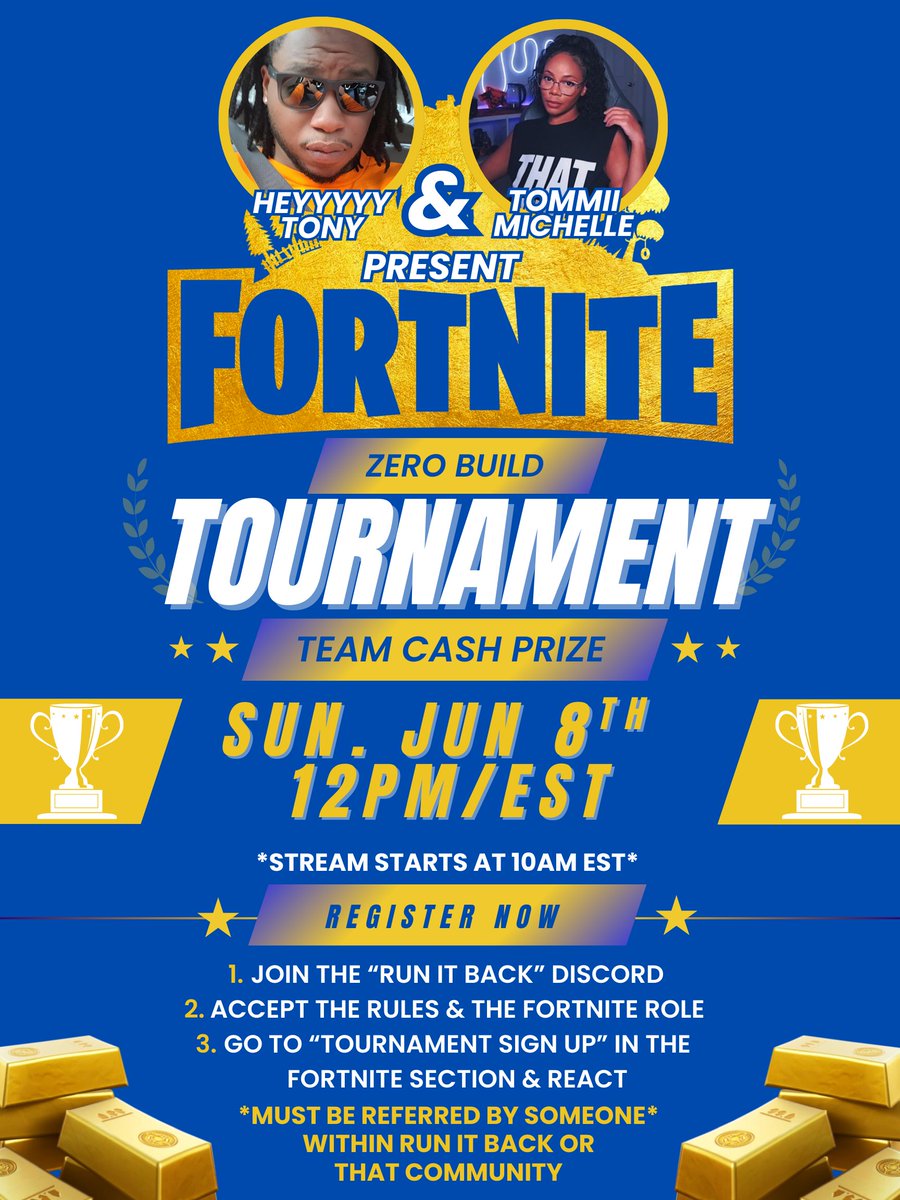 Tournament update. If your in the discord already please check in to sign up on the google document that is provided if your not signed up you wont be able to play. All information is in the discord.