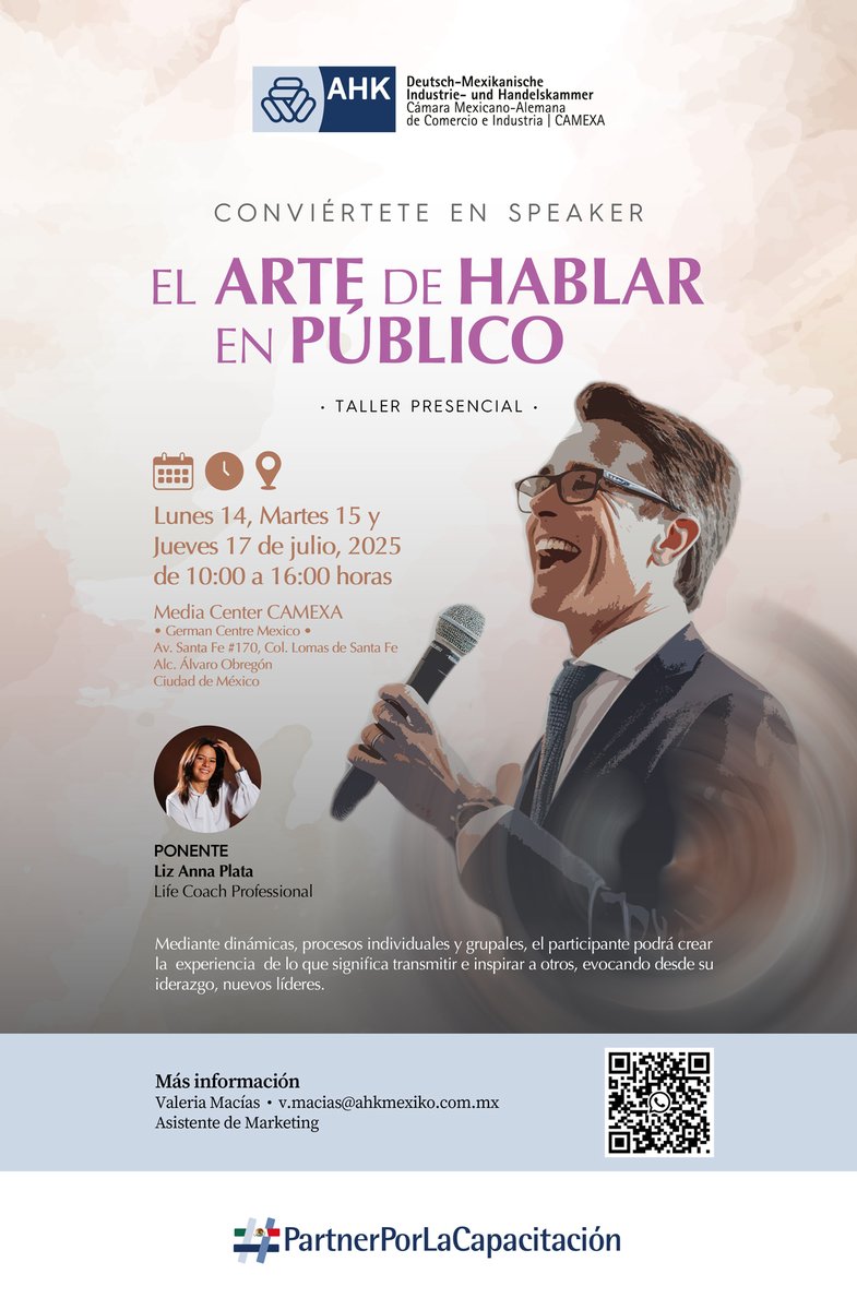 AHK Mexiko | CAMEXA (@ahkmexikocamexa) on Twitter photo Explora el arte de hablar en público y descubre tu potencial como líder auténtico en el taller “Conviértete en Speaker”. ¡Te esperamos!
📅 14, 15 y 17 de julio / 10:00 a 16:00 h
📍 Media Center CAMEXA
Más información:
📧 v.macias@ahkmexiko.com.mx
56 5116 2754
#PartnerEnMéxico Explora el arte de hablar en público y descubre tu potencial como líder auténtico en el taller “Conviértete en Speaker”. ¡Te esperamos!
📅 14, 15 y 17 de julio / 10:00 a 16:00 h
📍 Media Center CAMEXA
Más información:
📧 v.macias@ahkmexiko.com.mx
56 5116 2754
#PartnerEnMéxico
