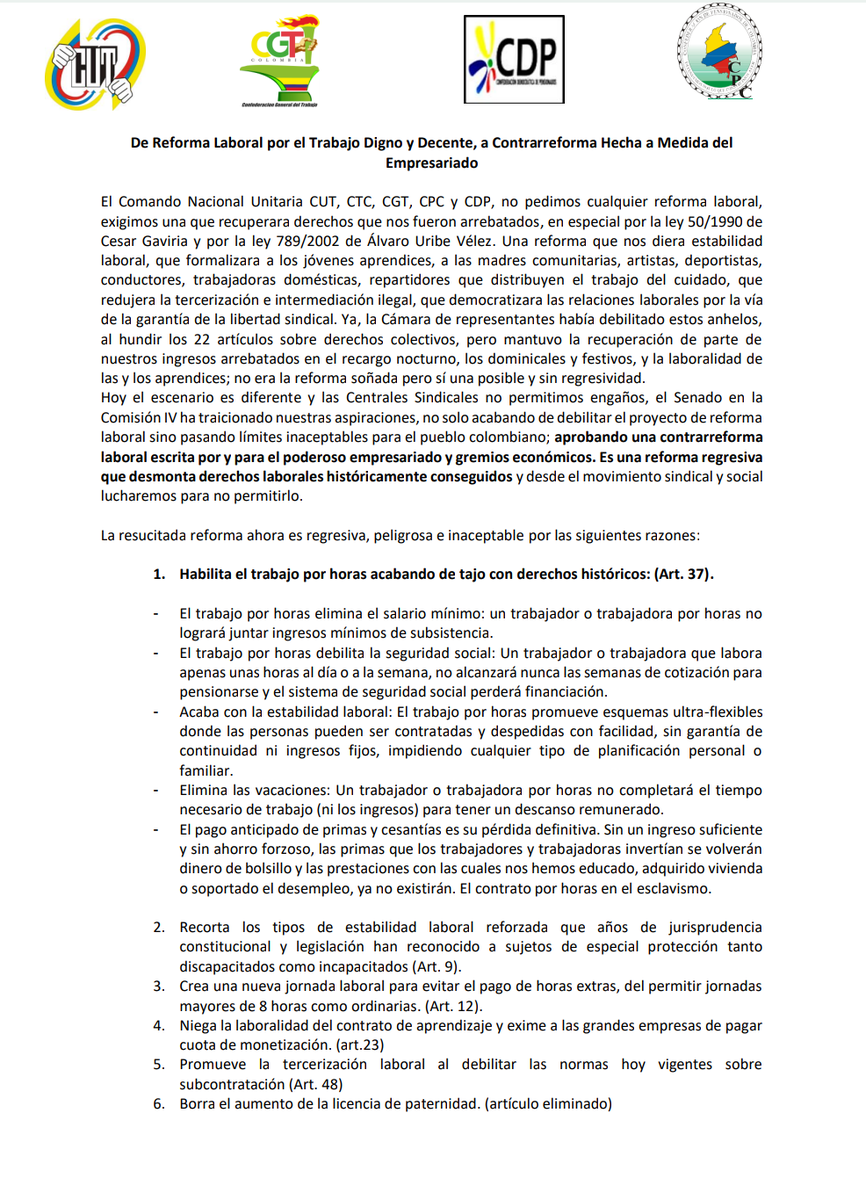 fabioariascut's tweet photo. Declaración del Comando Nacional Unitario sobre el actual estado de la regresiva reforma laboral que aprobó la comisión 4 del @SenadoGovCo.  @cutcolombia @CGTCol @fecode @usofrenteobrero https://t.co/C0lVr4Ft4X