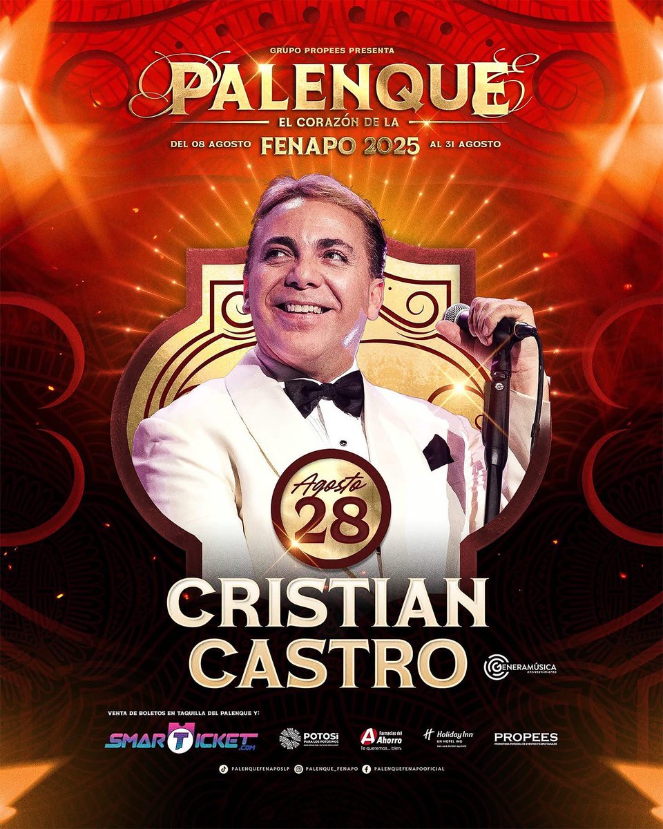 ✨ ¡La espera terminó, San Luis Potosí! ✨ Cristian Castro llega al corazón del Palenque de la FENAPO 2025 para enamorarnos con su voz este 28 de agosto 🎤💫

🎟️ Boletos ya disponibles en taquilla del Palenque y en SmartTicket.com