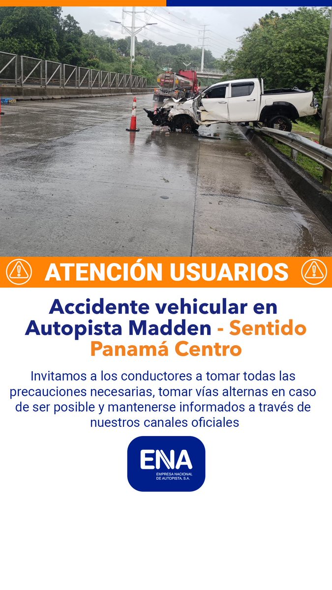 Atención Usuarios📢

Se reporta accidente vehicular en Autopista Madden, Corredor Norte, sentido Panamá Centro. 

Mantener precaución. 

#CorredorNorte