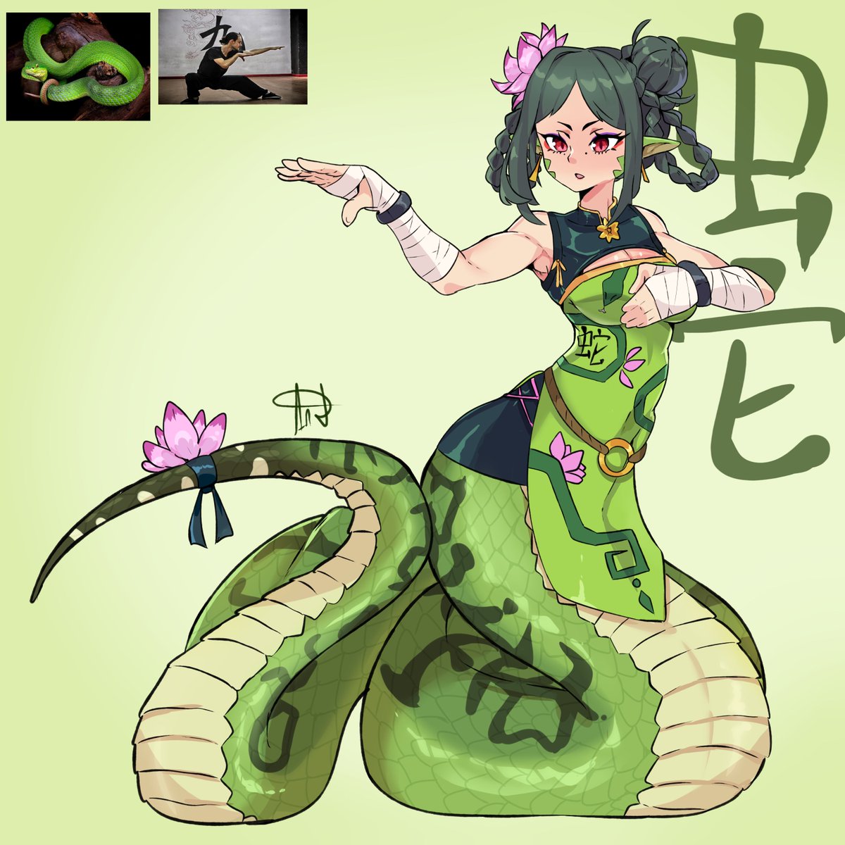 Snake Style Kung Fu - Bamboo Viper 

Speed, precision, lethality, and elegance. The master of this style is ready. Venomous and precise strikes, hehehehe 

#gijinka #art #MonsterGirls #lamia