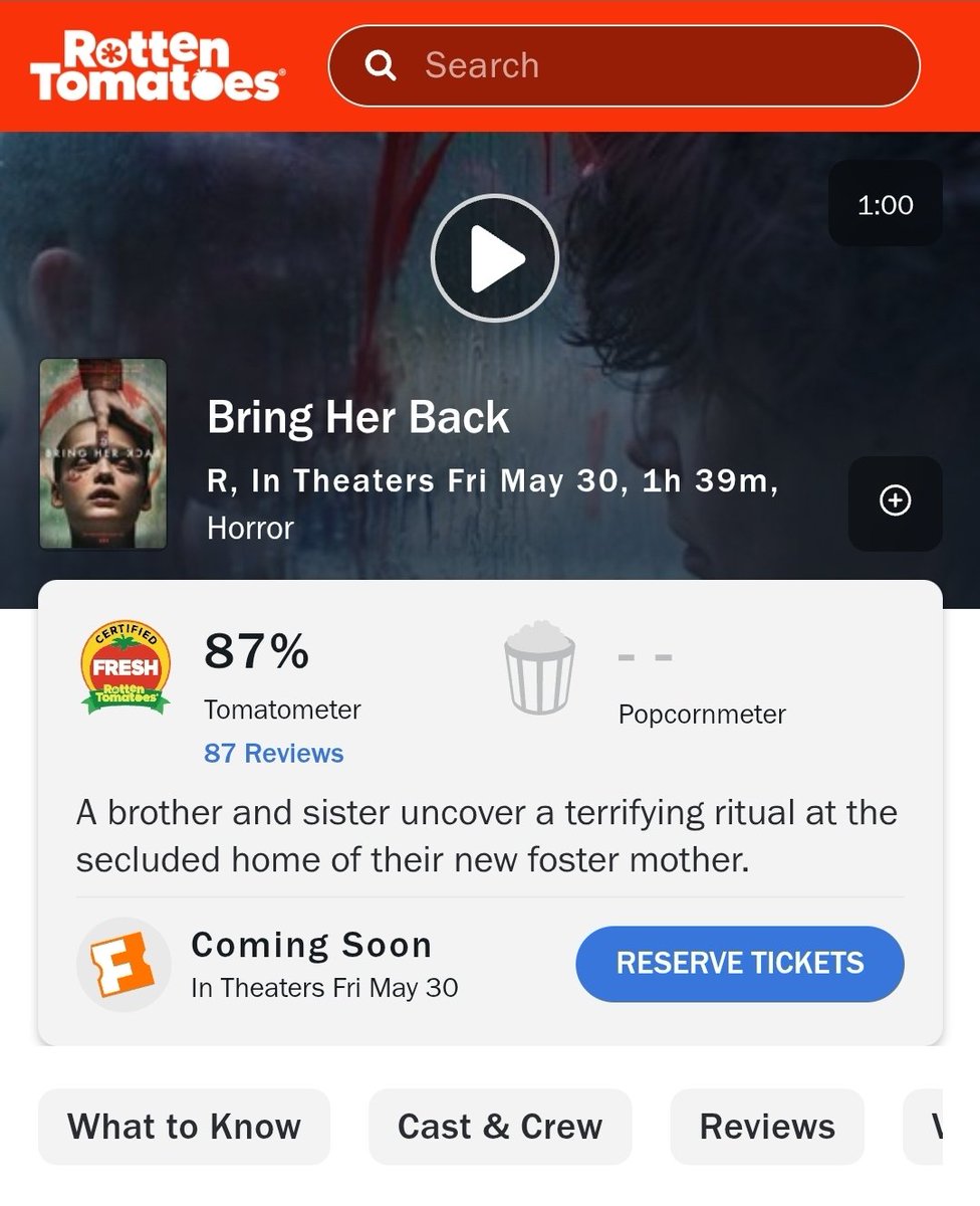 ‘BRING HER BACK’, directed by Danny and Michael Philippou, is now Certified Fresh on Rotten Tomatoes at 87%

Read our review: bit.ly/BringDF