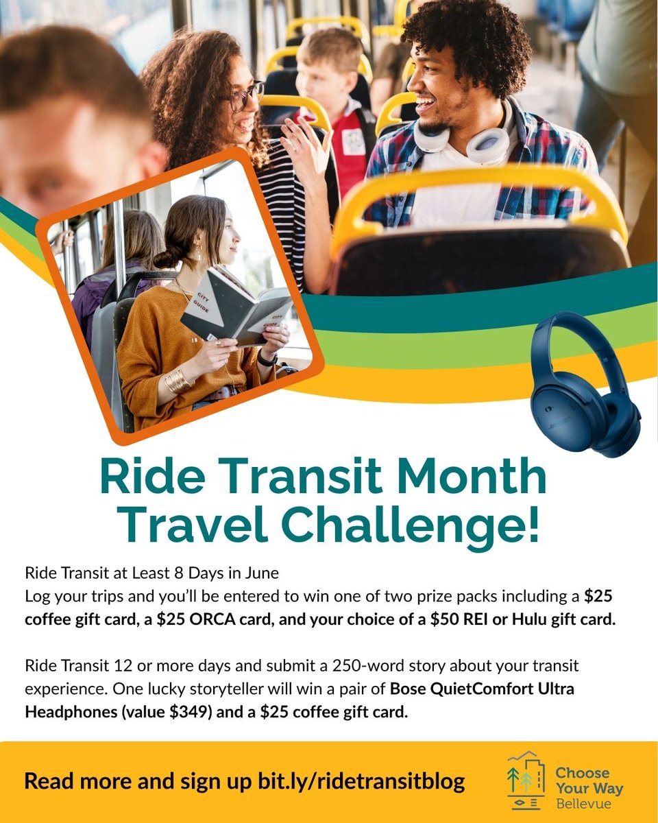 ChooseUrWayBell's tweet image. Choose Your Way Bellevue is joining the Ride Transit Month celebration with a Travel Challenge! This is your chance to win awesome prizes just for riding and logging your transit trips in June.
Learn more and sign up at bit.ly/ridestransitbl…