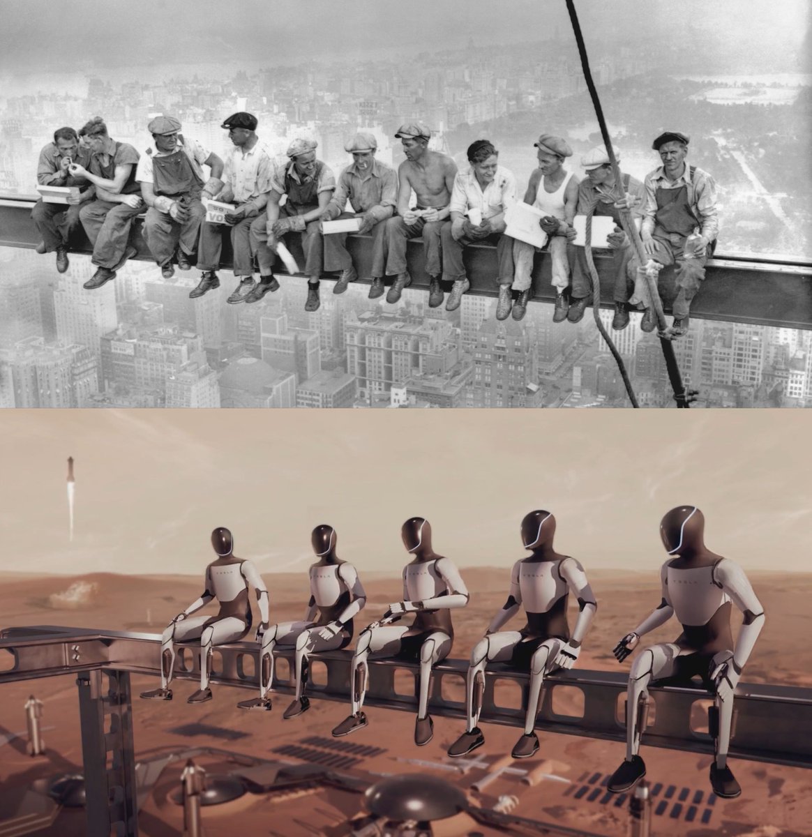 Nic Cruz Patane (@niccruzpatane) on Twitter photo This is AWESOME. 
SpaceX recreated the iconic “Lunch Atop of a Skyscraper” photo from 1932 with Tesla Optimus  Robots building a civilization on Mars. This is AWESOME. 
SpaceX recreated the iconic “Lunch Atop of a Skyscraper” photo from 1932 with Tesla Optimus  Robots building a civilization on Mars.
