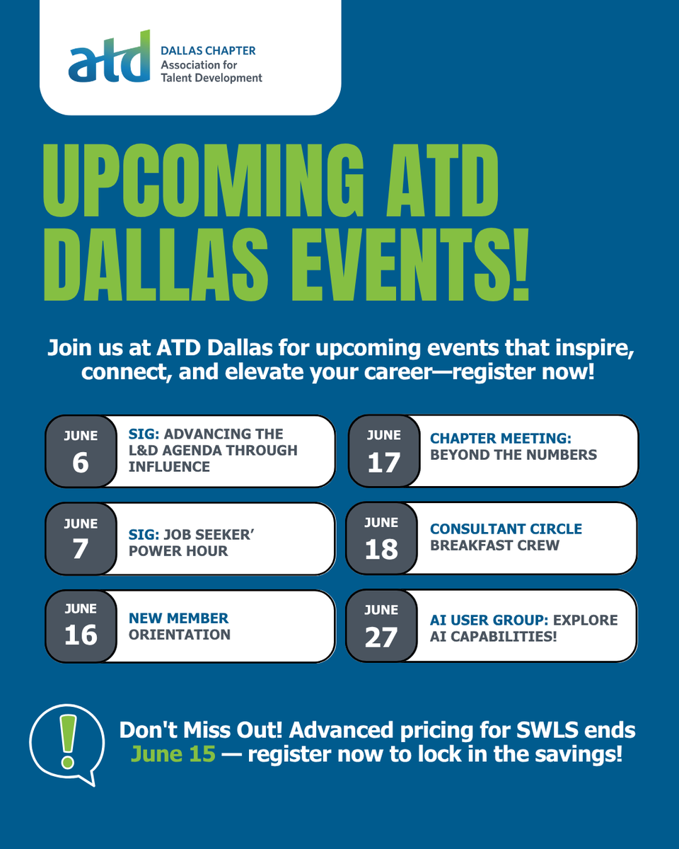 🎉 June is JAM-PACKED with ATD Dallas events! 🎉
Don’t miss out — join us and make the most of your June!
👉 tddallas.org/Events to see what’s coming up!

#ATDDallas #LearningAndDevelopment #Networking #ProfessionalGrowth #JuneEvents #DallasKnowsTalent