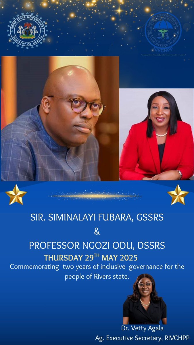 RVCHPP's tweet image. Today, we honour 2 years of inclusive governance under Gov. Siminalayi Fubara, GSSRS, and Prof. Ngozi Odu, UHC advocate.
Together, they’ve activated RIVCHPP—bringing #Health4AllRivers to life.
#RIVCHPP #TwoYearsOfProgress #InclusiveGovernance #PeopleFirst