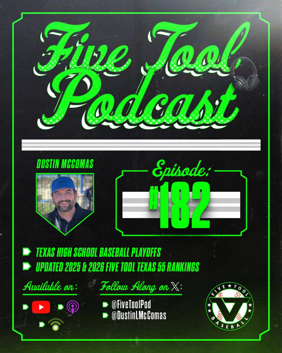 Five Tool Podcast (@fivetoolpod) on Twitter photo Episode 1️⃣8️⃣2️⃣of the <a href="/FiveTool/">Five Tool Baseball</a> Podcast
With: <a href="/DustinLMcComas/">Dustin McComas</a>
🤔Texas High School Playoffs and Updated Five Tool Texas 55 Rankings!!
🔗fivetool.org/podcasts
🍎podcasts.apple.com/us/podcast/ep-… Episode 1️⃣8️⃣2️⃣of the <a href="/FiveTool/">Five Tool Baseball</a> Podcast
With: <a href="/DustinLMcComas/">Dustin McComas</a>
🤔Texas High School Playoffs and Updated Five Tool Texas 55 Rankings!!
🔗fivetool.org/podcasts
🍎podcasts.apple.com/us/podcast/ep-…