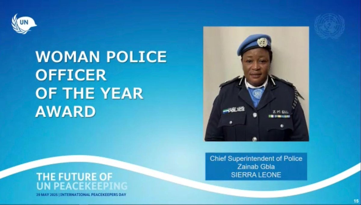 UN Spokesperson (@un_spokesperson) on Twitter photo On today's Int'l Day of <a href="/UN/">United Nations</a> Peacekeepers, we congratulate Squadron leader Sharon Syme of 🇬🇭 awarded the UN Military Gender Advocate of the Year & Superintendent Zainab Gbla of 🇸🇱 awarded UN Woman Police Officer of the Year.
<a href="/antonioguterres/">António Guterres</a> full remarks: un.org/sg/en/content/… On today's Int'l Day of <a href="/UN/">United Nations</a> Peacekeepers, we congratulate Squadron leader Sharon Syme of 🇬🇭 awarded the UN Military Gender Advocate of the Year & Superintendent Zainab Gbla of 🇸🇱 awarded UN Woman Police Officer of the Year.
<a href="/antonioguterres/">António Guterres</a> full remarks: un.org/sg/en/content/…