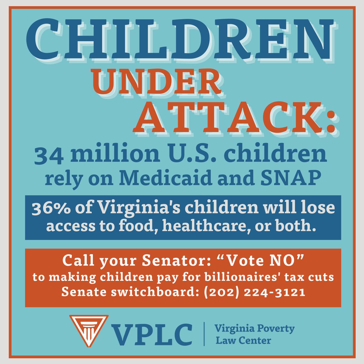 A new report estimates 36% of Virginia's children will lose access to food, healthcare, or both if Congress passes devastating cuts to Medicaid and SNAP.

Take action by calling and emailing your Senators and asking them to vote NO: vplc.org/take-action/
