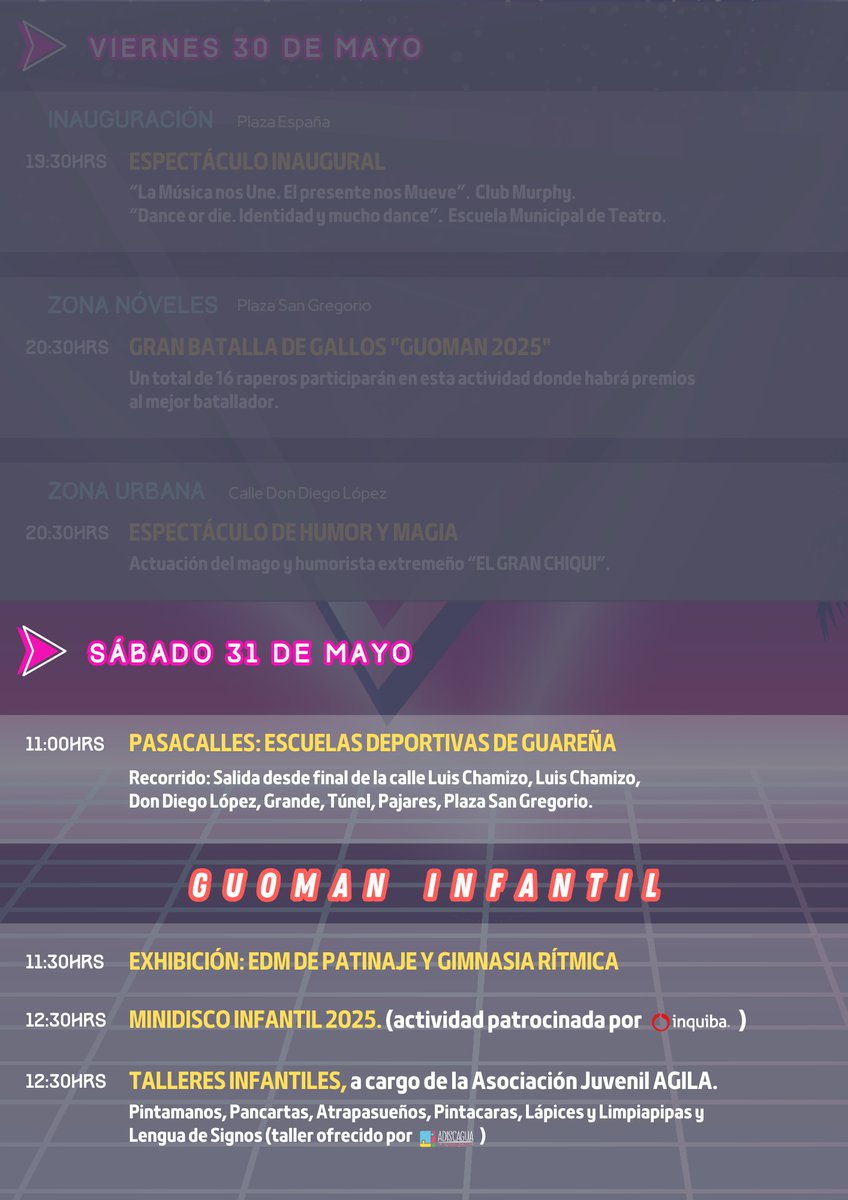 💠 Guomer@s Buenos Días. En un ratito, a las 11:00h, arranca el #Guoman2025 Infantil con el pasacalles de las Escuelas Deportivas

Después, disfruta de toda la mañana de actividades en la Plaza de San Gregorio.

Consulta la programación:
👉 acortar.link/CNNETn

#visitaGuareña