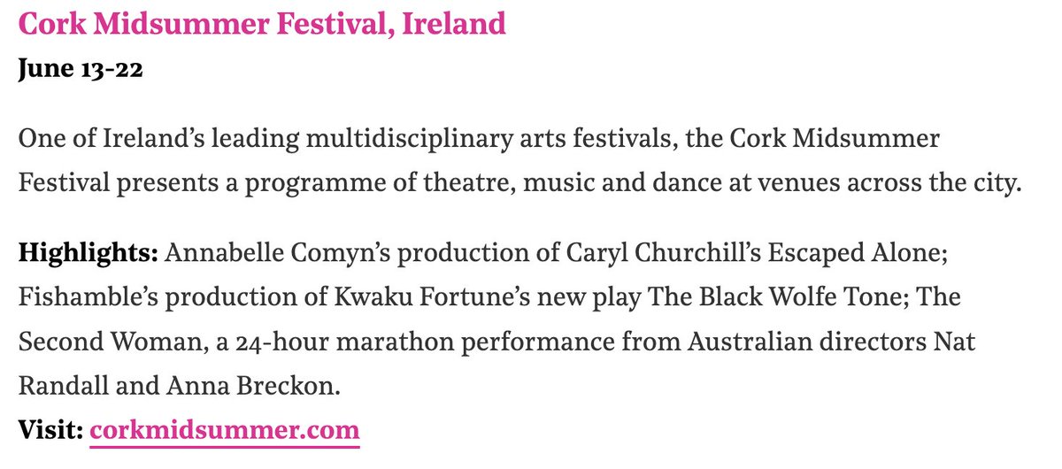 Cork Midsummer Festival (@corkmidsummer) on Twitter photo We're one of "Europe’s best theatre festivals for summer 2025" according to The Stage - and in inspiring company too! 
Find our full lineup of incredible theatre & performance on our website - tickets are moving fast so book now to avoid missing out: corkmidsummer.com We're one of "Europe’s best theatre festivals for summer 2025" according to The Stage - and in inspiring company too! 
Find our full lineup of incredible theatre & performance on our website - tickets are moving fast so book now to avoid missing out: corkmidsummer.com