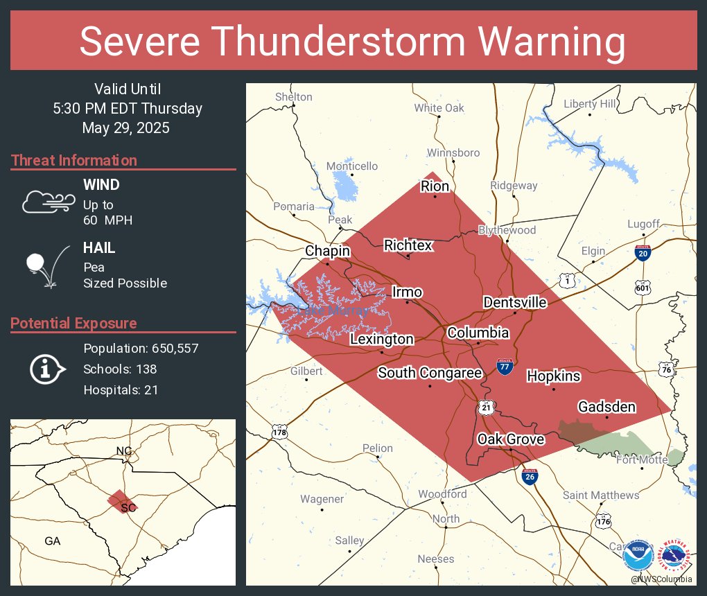 Severe Thunderstorm Warning continues for Columbia SC, Lexington SC and  West Columbia SC until 5:30 PM EDT