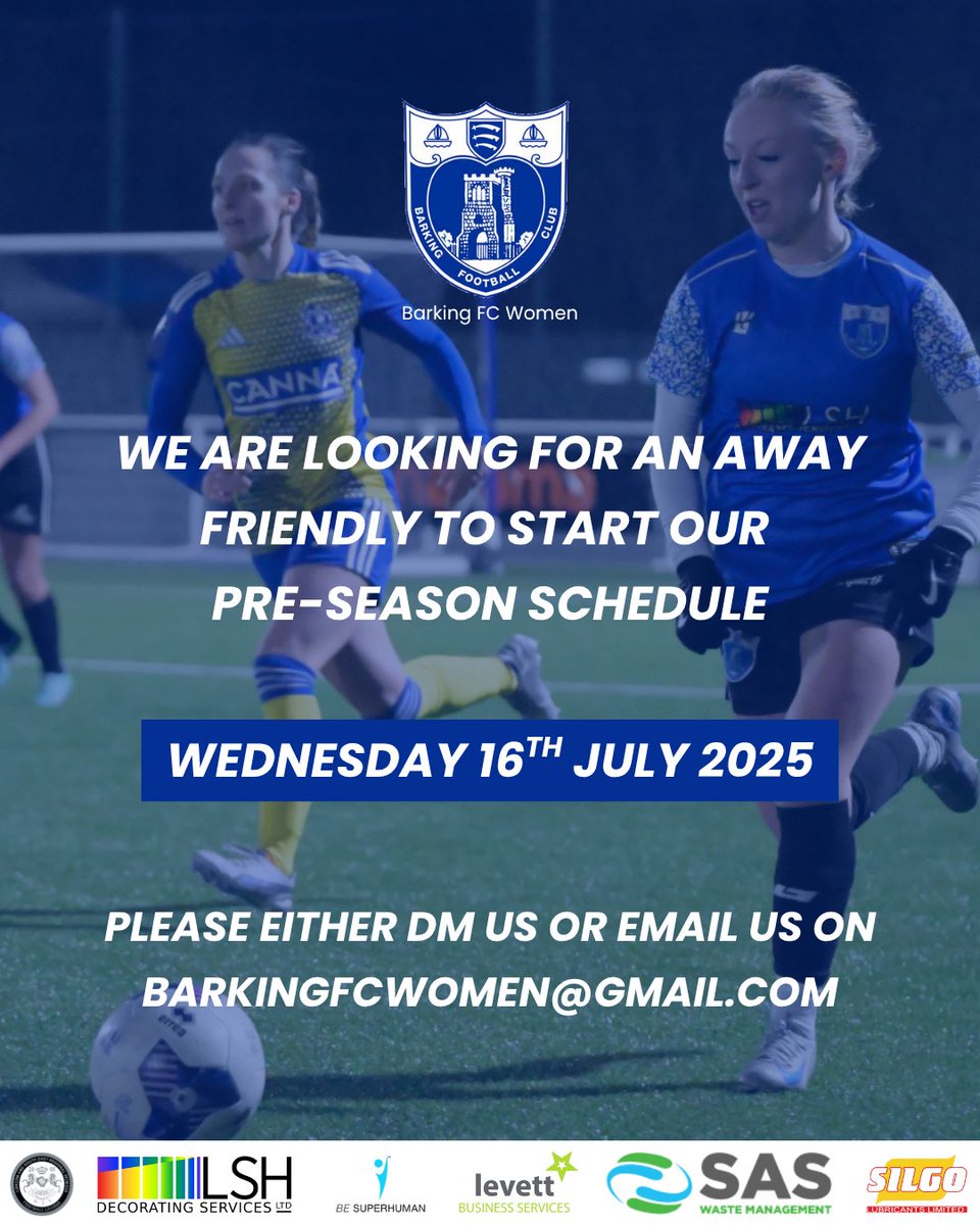 We are looking for a friendly on Wednesday 16th July 2025 to start our pre-season schedule. 

We must play away for this fixture. 

Please DM us or email barkingfcwomen@gmail.com

<a href="/barkingfc/">Barking FC</a> | #BarkingFCWomen