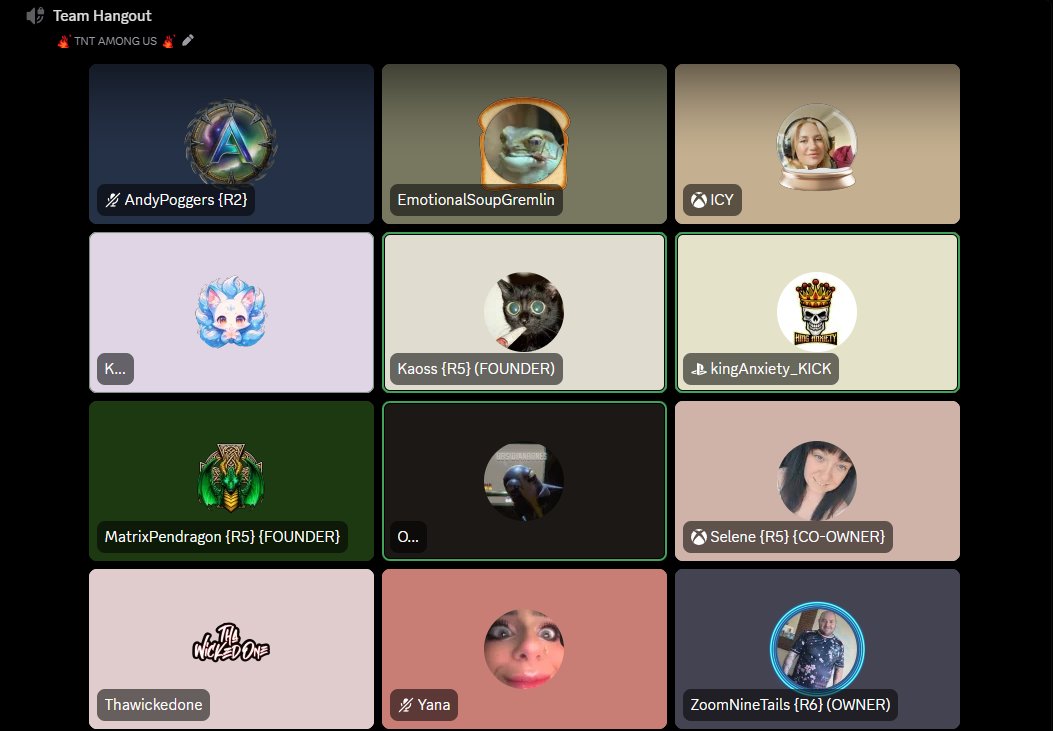 This was a huge success! Really set's the groundwork for what we look to expand on! TNT among us was SUS but an amazing place to be with friends! 💙 <a href="/andypoggers/">Andy</a> <a href="/WILD__ICY/">ICY</a> <a href="/KaossExer/">TNT | Kaoss</a> <a href="/MatrixPendragon/">Matrix Pendragon</a> <a href="/JessieOps1/">TNT | SeleneOps 🧡</a> <a href="/tha_wicked_one/">Tha Wicked One</a> <a href="/Yanaaah999/">TNT | Yana ✈️ DreamHackATL</a> <a href="/ZoomNineTails/">TNT | 🦊 ZoomNineTails 🦊</a> 💙