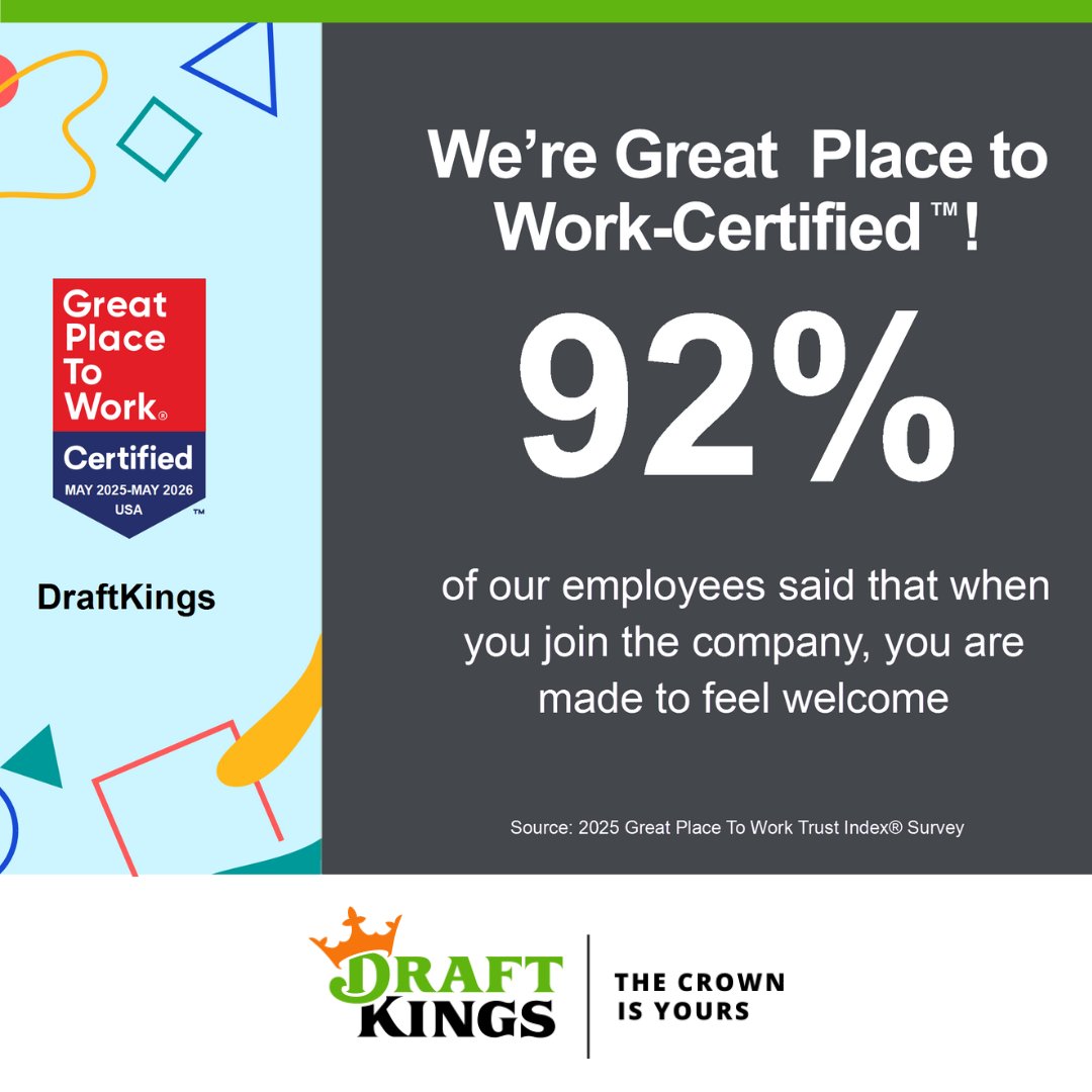 .<a href="/DraftKings/">DraftKings</a> is officially recognized as a Great Place to Work in 2025, certified by <a href="/GPTW_US/">Great Place To Work</a> 🎉

We’re proud to be recognized for fostering a culture where people feel supported, welcomed, and empowered to grow. 

Read more: careers.draftkings.com/life-at-draftk…