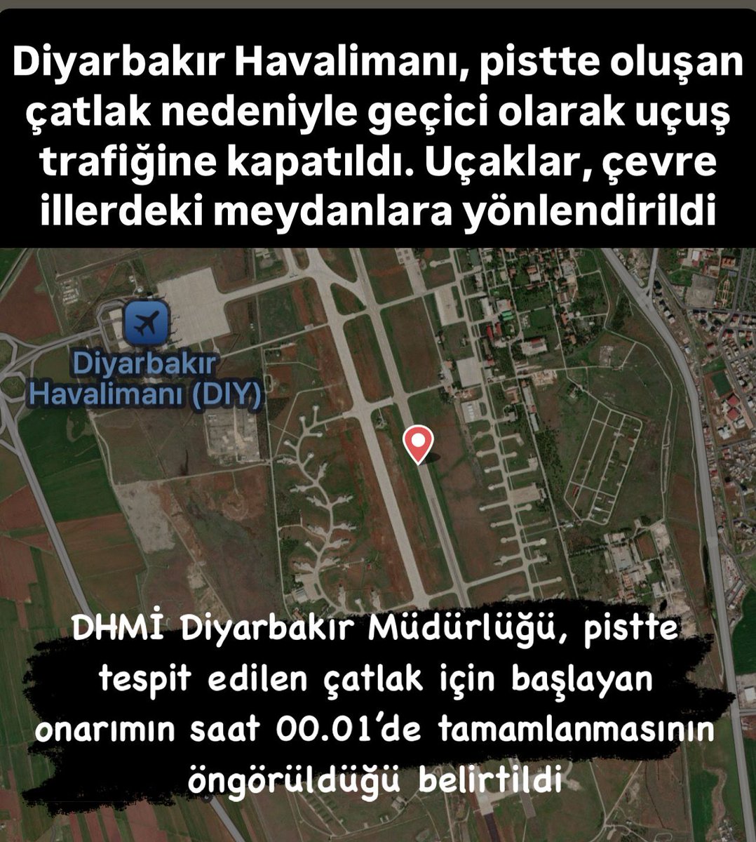 apron24habercom's tweet photo. Diyarbakır Havalimanı, pistte oluşan çatlak nedeniyle geçici olarak uçuş trafiğine kapatıldı. Uçaklar, çevre illerdeki meydanlara yönlendirildi
 DHMİ,Diyarbakır Müdürlüğü tarafından yapılan açıklamada, pistte tespit edilen çatlak için başlayan onarımın saat 00.01’de tamamlanacak https://t.co/IWXY77QET4