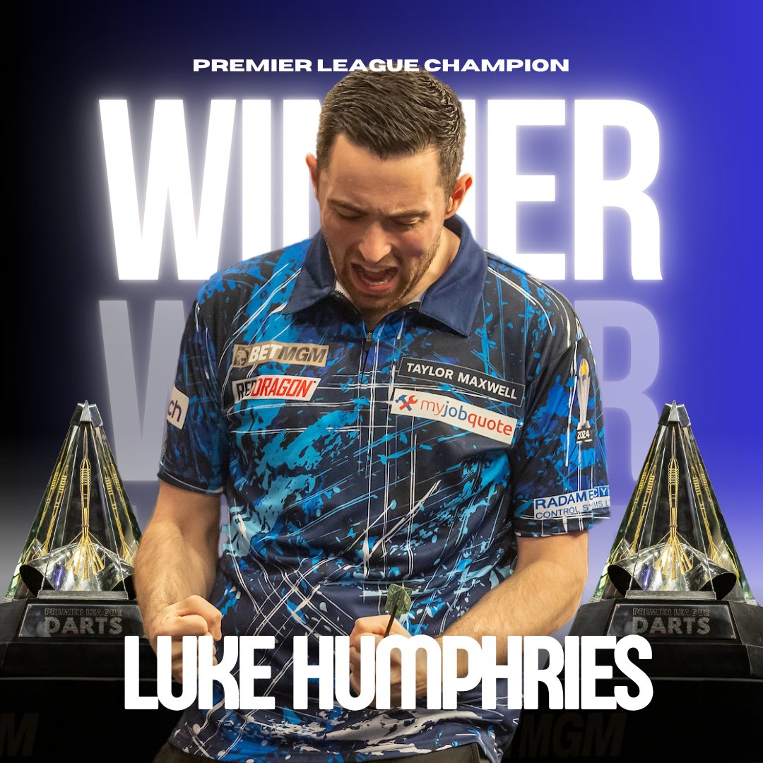 🏆 𝗛𝗨𝗠𝗣𝗛𝗥𝗜𝗘𝗦 𝗜𝗦 𝗣𝗥𝗘𝗠𝗜𝗘𝗥 𝗟𝗘𝗔𝗚𝗨𝗘 𝗖𝗛𝗔𝗠𝗣𝗜𝗢𝗡!

Luke Humphries unseats Luke Littler as Premier League Champion to complete the triple crown. 

What a player, and what a performance!

#Darts #PLDarts