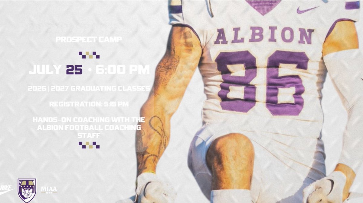 Kyle Avaloy (@coachavaloy) on Twitter photo Our <a href="/AlbionFootball/">Albion Football</a> Prospects Camp is going down July 25th and spots are still open! This is your shot to get coached, compete, and get on the radar #PPP Our <a href="/AlbionFootball/">Albion Football</a> Prospects Camp is going down July 25th and spots are still open! This is your shot to get coached, compete, and get on the radar #PPP