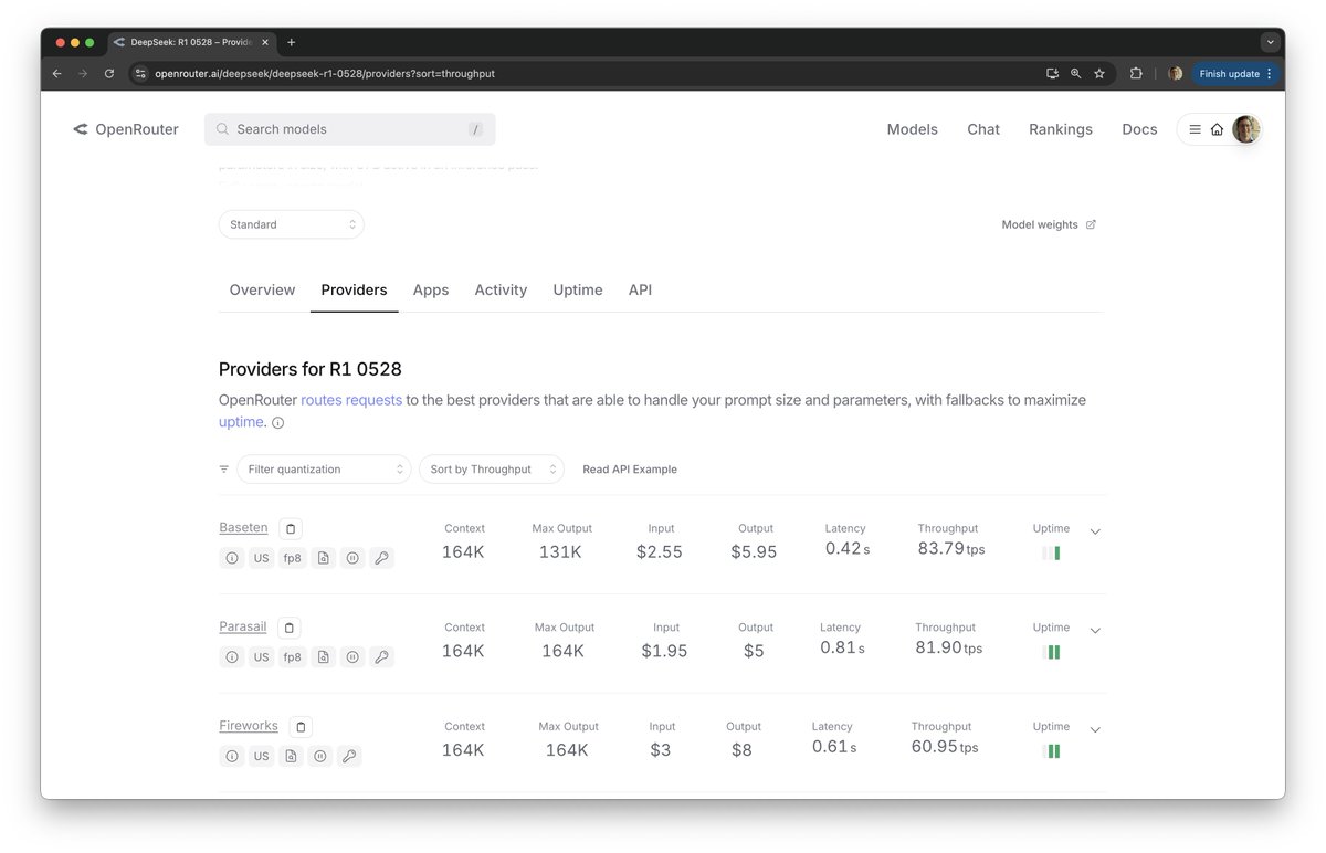 New DeepSeek just dropped.

Proud to serve the fastest DeepSeek R1 0528 inference on OpenRouter (#1 on TTFT and TPS) with our Model APIs.