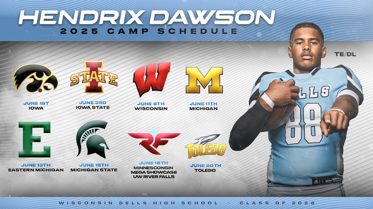 Locked in for a big June. Here is my college camp schedule. See you all on the field! 

<a href="/HawkeyeFootball/">Hawkeye Football</a> 
<a href="/CycloneFB/">Iowa State Football</a> 
<a href="/BadgerFootball/">Wisconsin Football</a> 
<a href="/UMichFootball/">Michigan Football</a> 
<a href="/EMUFB/">Eastern Michigan Football</a> 
<a href="/CMU_Football/">Central Michigan Football</a> 
<a href="/ToledoFB/">Toledo Football</a>