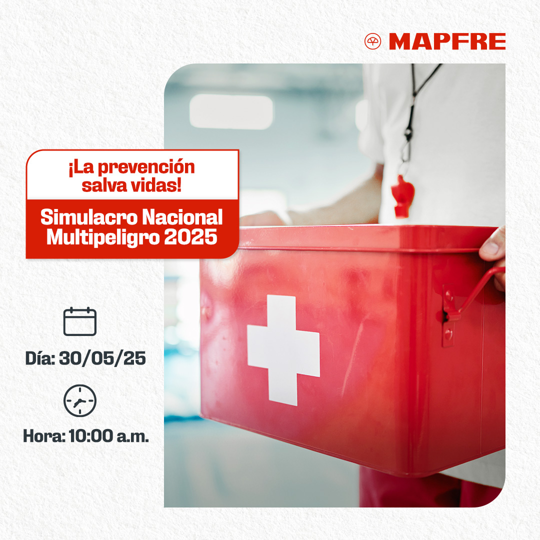 ¡Este 30 de mayo participa del Simulacro Nacional Multirriesgo! 🚨 Estar preparados nos permite cuidar a quienes más nos importan. ¡Prevenidos estamos más seguros! 💪

📅 Fecha: 30/05/25
⏰ Hora: 10:00 a.m.

#MAPFRE #CuidamosLoQueTeImporta