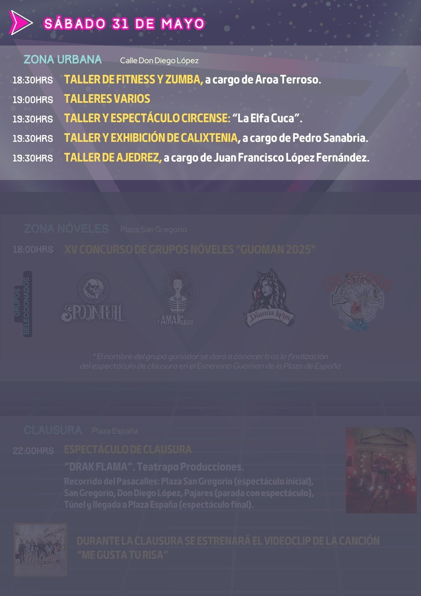 💠 Esta tarde, a partir de las 18h, se abre la Zona Urbana del #Guoman2025, en la calle Don Diego López.

Zumba, de Fitness, Circo, Ajedrez y Calixtenia te esperan.. además de varios talleres de la Asociación Juvenil Agila.

Programación:👉 acortar.link/CNNETn

#visitaGuareña