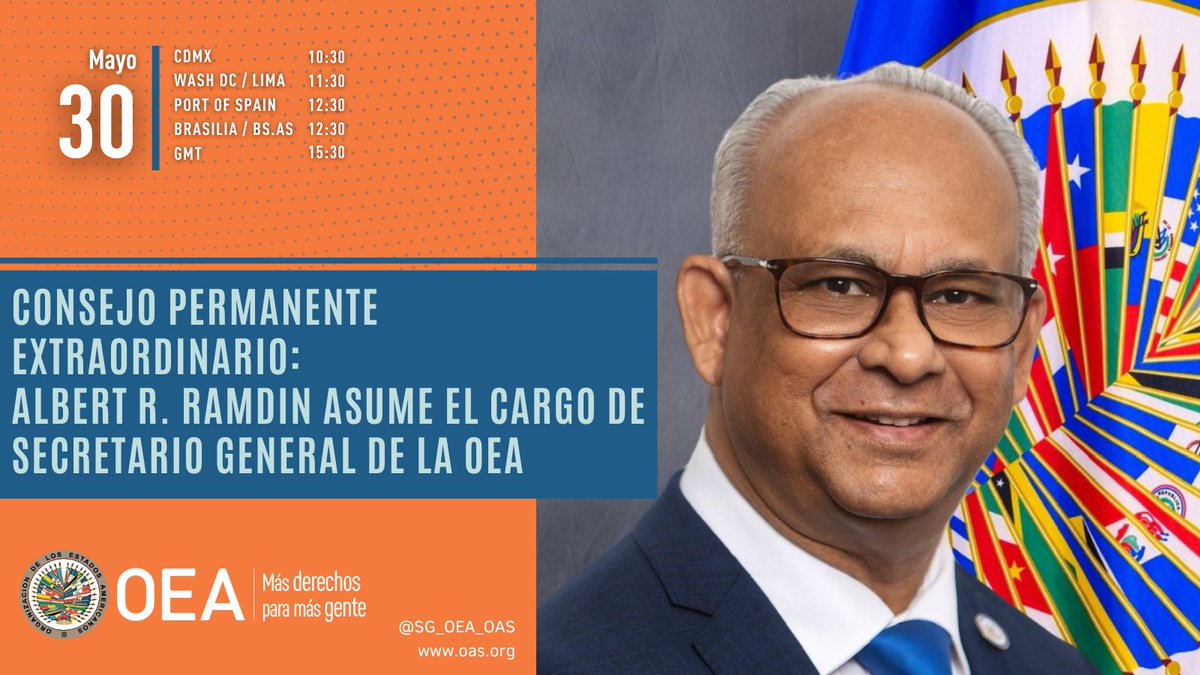 OEA (@oea_oficial) on Twitter photo #HOY | Consejo Permanente extraordinario: Albert R. Ramdin <a href="/SG_OEA_OAS/">SG_OEA_OAS</a>, asume el cargo de Secretario General de la #OEA
🗓️ 30 de mayo
⏰ 11:30 EDT (15:30 GMT)
📺 oas.org
📍 Salón de las Americas
ℹ️oas.org/es/centro_noti… #HOY | Consejo Permanente extraordinario: Albert R. Ramdin <a href="/SG_OEA_OAS/">SG_OEA_OAS</a>, asume el cargo de Secretario General de la #OEA
🗓️ 30 de mayo
⏰ 11:30 EDT (15:30 GMT)
📺 oas.org
📍 Salón de las Americas
ℹ️oas.org/es/centro_noti…