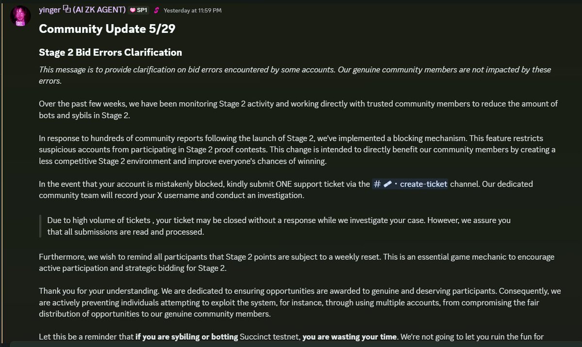 Gprove, quick update on <a href="/SuccinctLabs/">Succinct</a>  Stage 2

For those experiencing bid errors recently. The team is filtering out bots &amp; sybils to protect real contributors. If you think it was a mistake, just open one support ticket and they’ll check it out.

Also, reminder: Stage 2 points