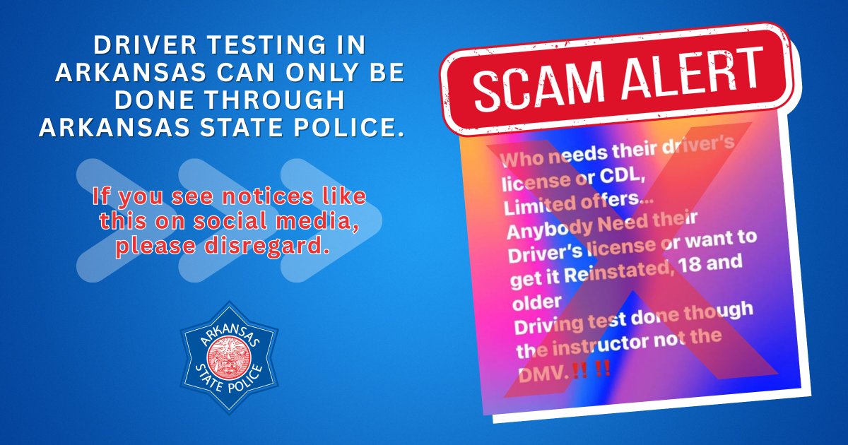 It has come to our attention that info is circulating on social media claiming that driver testing can be administered by individual instructors.
THIS IS A SCAM.
Driver testing in Arkansas can only be completed through ASP. Schedule testing appointments: telegov.egov.com/aspdlskills/