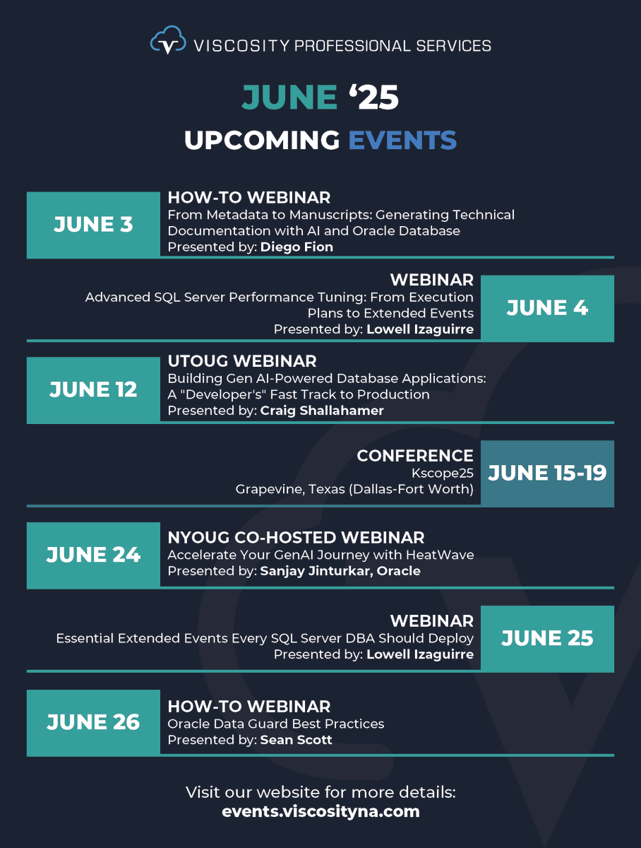 ViscosityNA's tweet image. June lineup 25&apos;:
🔹 @OraPubInc: Metadata for #orcldb &amp;amp; #AI w/@dfion_ + Oracle #DataGuard w/ #ACED Sean Scott
🔹 #SQLServer w/ Lowell Izaguirre
🔹 #UTOUG #GenAI apps w/ #ACED Craig Shallahamer
🔹 #Kscope25 Jun 15–19
🔹 HeatWave &amp;amp; #GenAI w/@nyoug_nyc

bit.ly/3SZHloQ