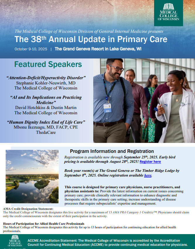 The 38th Annual Update in Primary Care (AUPC) is hosted by the Division of General Internal Medicine October 9th to October 10th, 2025. This year, the conference will be held at The Grand Geneva in Lake Geneva.

The conference is a CME event designed for primary care physicians,