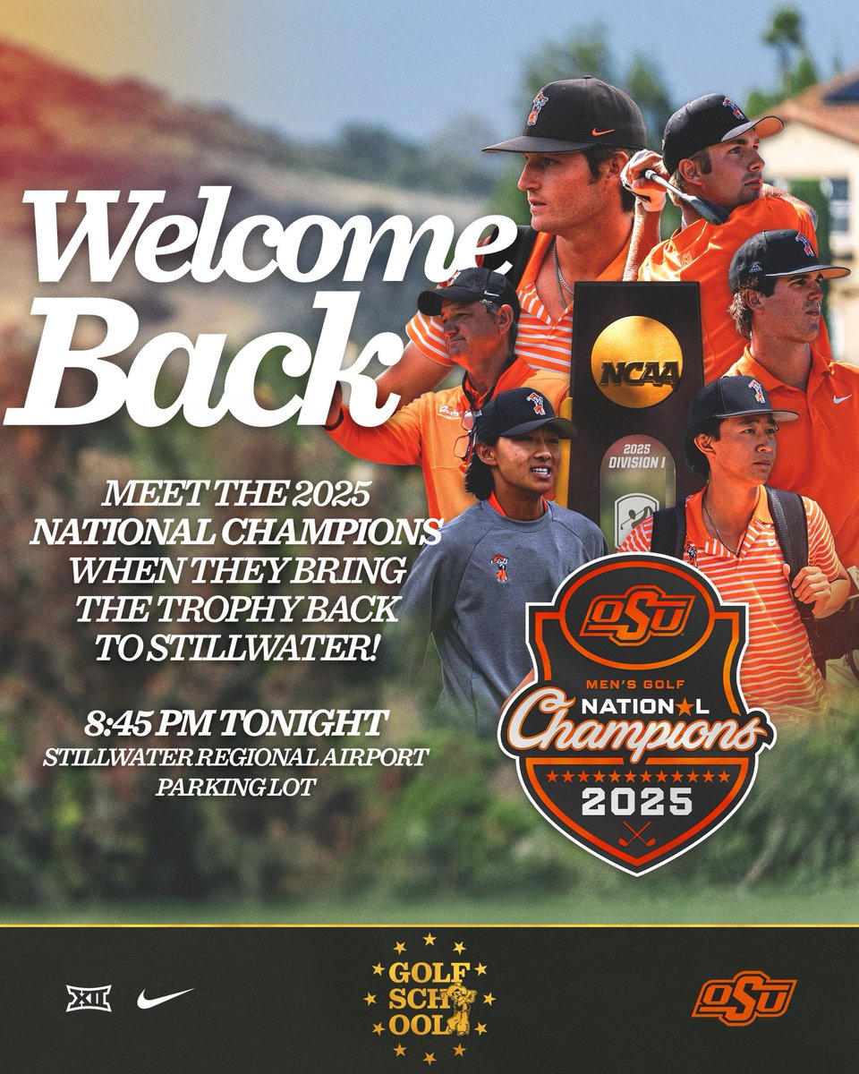 Oklahoma State Athletics (@osuathletics) on Twitter photo Welcome Back the National Champions!
ย
๐ Stillwater Regional Airport
โฐ 8:45 pm
ย
<a href="/OSUCowboyGolf/">OSU Cowboy Golf</a> | #GoPokes Welcome Back the National Champions!
ย
๐ Stillwater Regional Airport
โฐ 8:45 pm
ย
<a href="/OSUCowboyGolf/">OSU Cowboy Golf</a> | #GoPokes