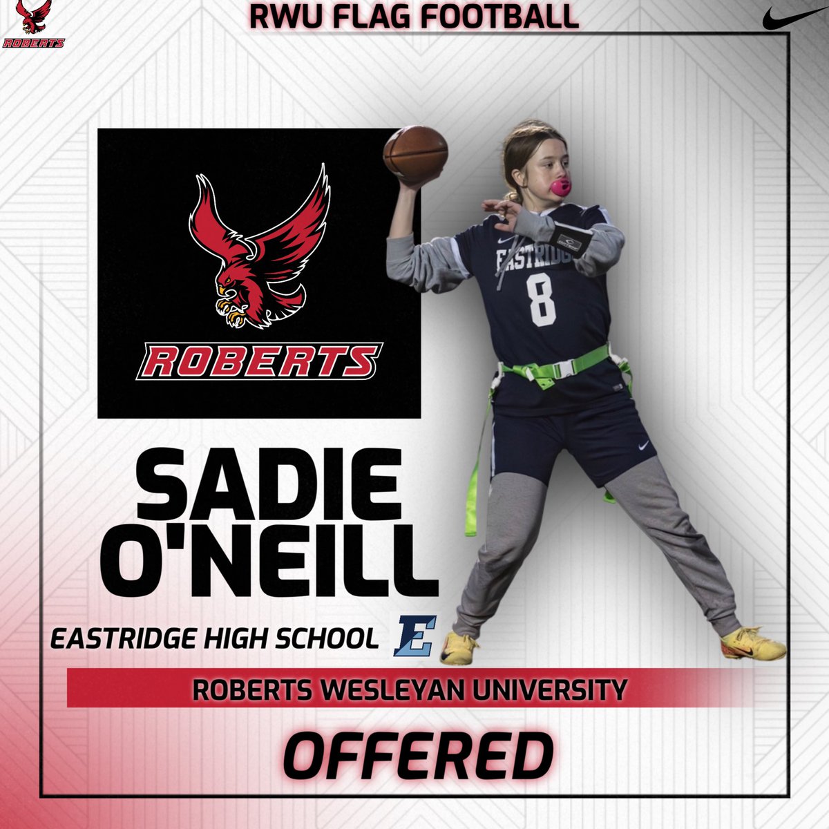 Sadie O’Neill (@oneillsadie8) on Twitter photo After an amazing conversation with Coach Fricano <a href="/RobertsRedhawks/">Roberts Redhawks</a> I’m so excited to announce that I’ve received my first D2 Scholarship offer to further my flag football career at Roberts Wesleyan University.<a href="/CoachVic5/">Victor Davidson</a> <a href="/ceverett6/">Charrise Everett</a> <a href="/ERidgeLancers/">Eastridge Athletics</a> <a href="/eastridgeflagfb/">Eastridge Flag Football</a>
<a href="/Eastridge_EICSD/">Eastridge HS</a> After an amazing conversation with Coach Fricano <a href="/RobertsRedhawks/">Roberts Redhawks</a> I’m so excited to announce that I’ve received my first D2 Scholarship offer to further my flag football career at Roberts Wesleyan University.<a href="/CoachVic5/">Victor Davidson</a> <a href="/ceverett6/">Charrise Everett</a> <a href="/ERidgeLancers/">Eastridge Athletics</a> <a href="/eastridgeflagfb/">Eastridge Flag Football</a>
<a href="/Eastridge_EICSD/">Eastridge HS</a>